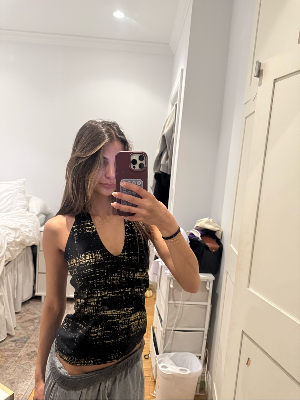 I.AM.GIA Black Halter Tank with Gold Brushprint